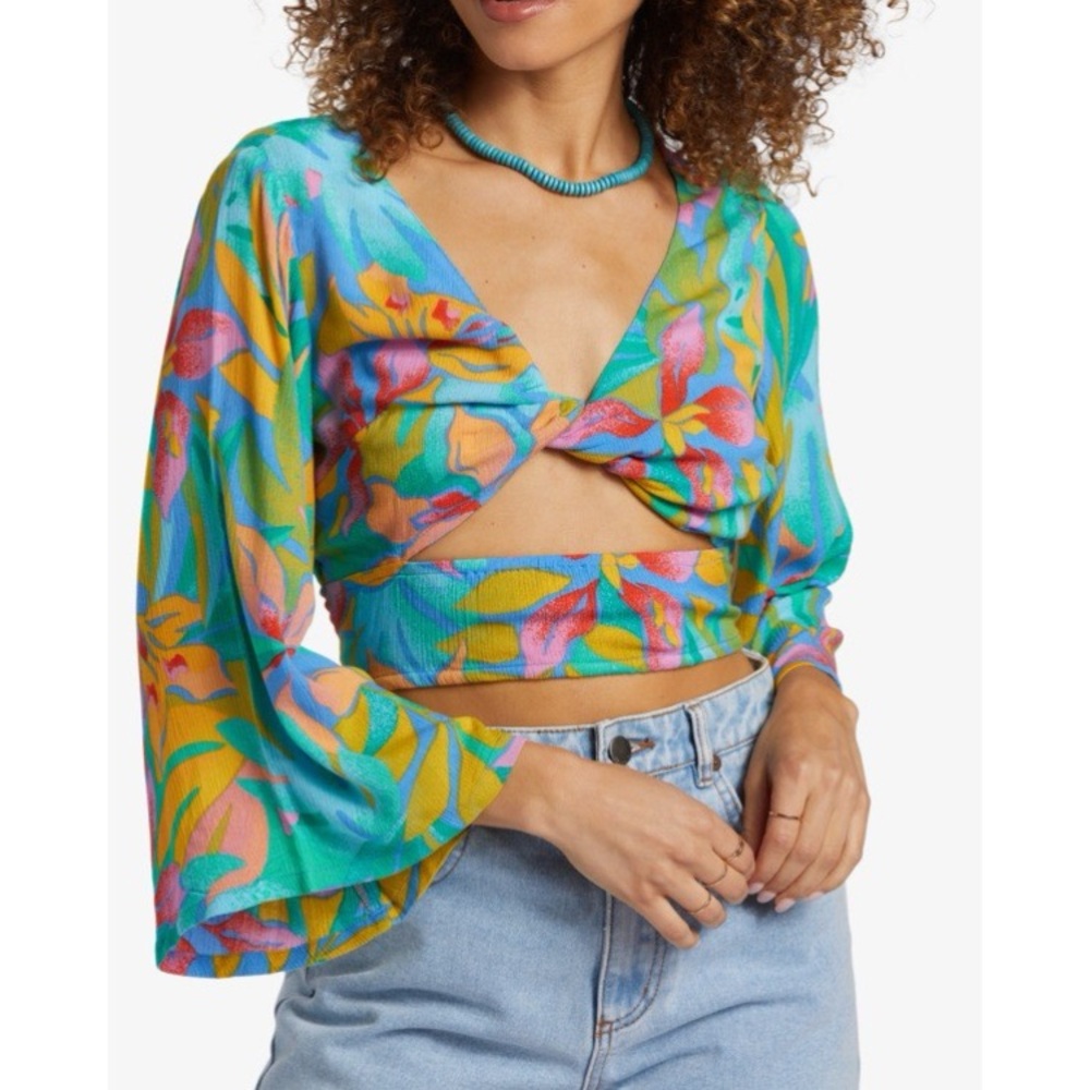 Billabong Cropped Top Floral Bell Sleeve Cutout Large L